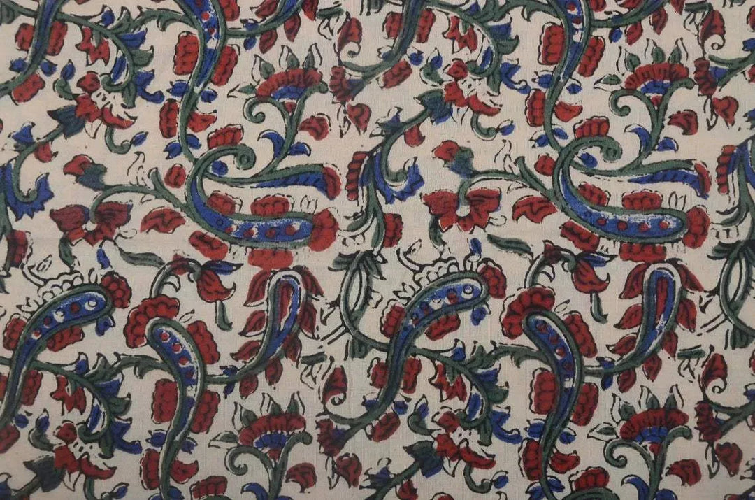 Esther Red, Blue, Green Hand Block Printed Cotton Fabric by the Yard - Decor, Pillows ,Upholstery, Curtain