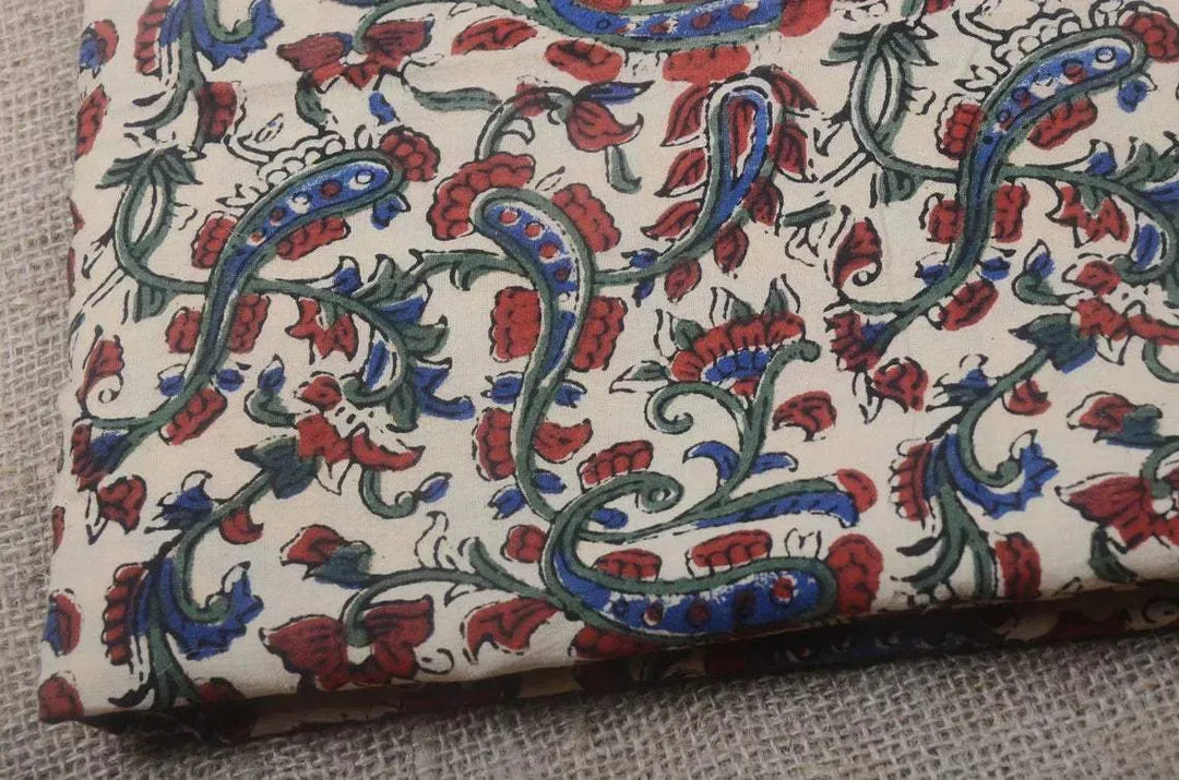 Esther Red, Blue, Green Hand Block Printed Cotton Fabric by the Yard - Decor, Pillows ,Upholstery, Curtain