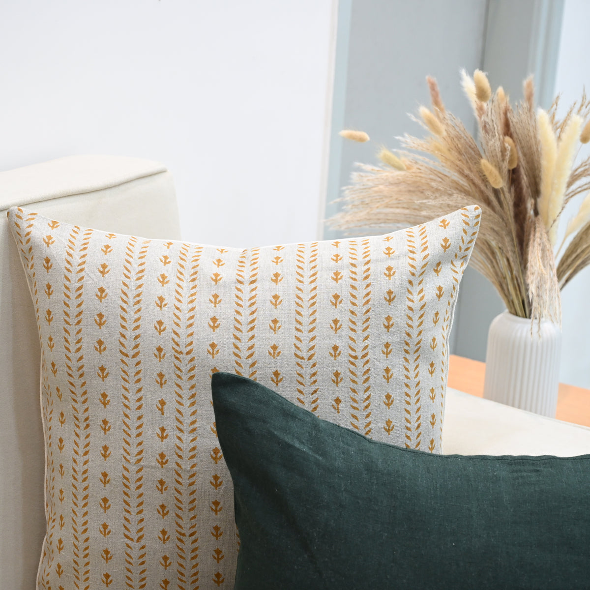 Alexa Ochre Linen Block Print Pillow Cover
