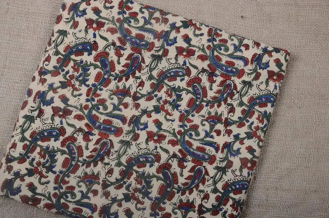 Esther Red, Blue, Green Hand Block Printed Cotton Fabric by the Yard - Decor, Pillows ,Upholstery, Curtain