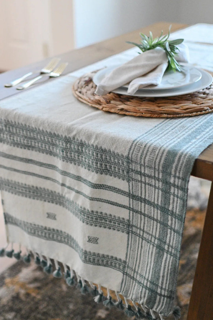 Bhujodi Table Runner - Blue and Cream