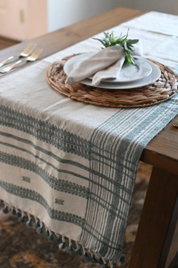 Bhujodi Table Runner - Blue and Cream