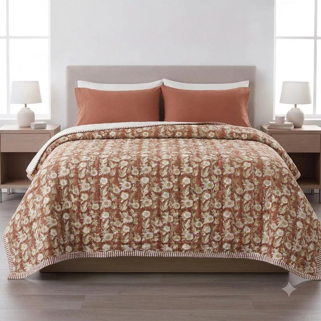 Tristan Floral Hand Block Printed Quilt