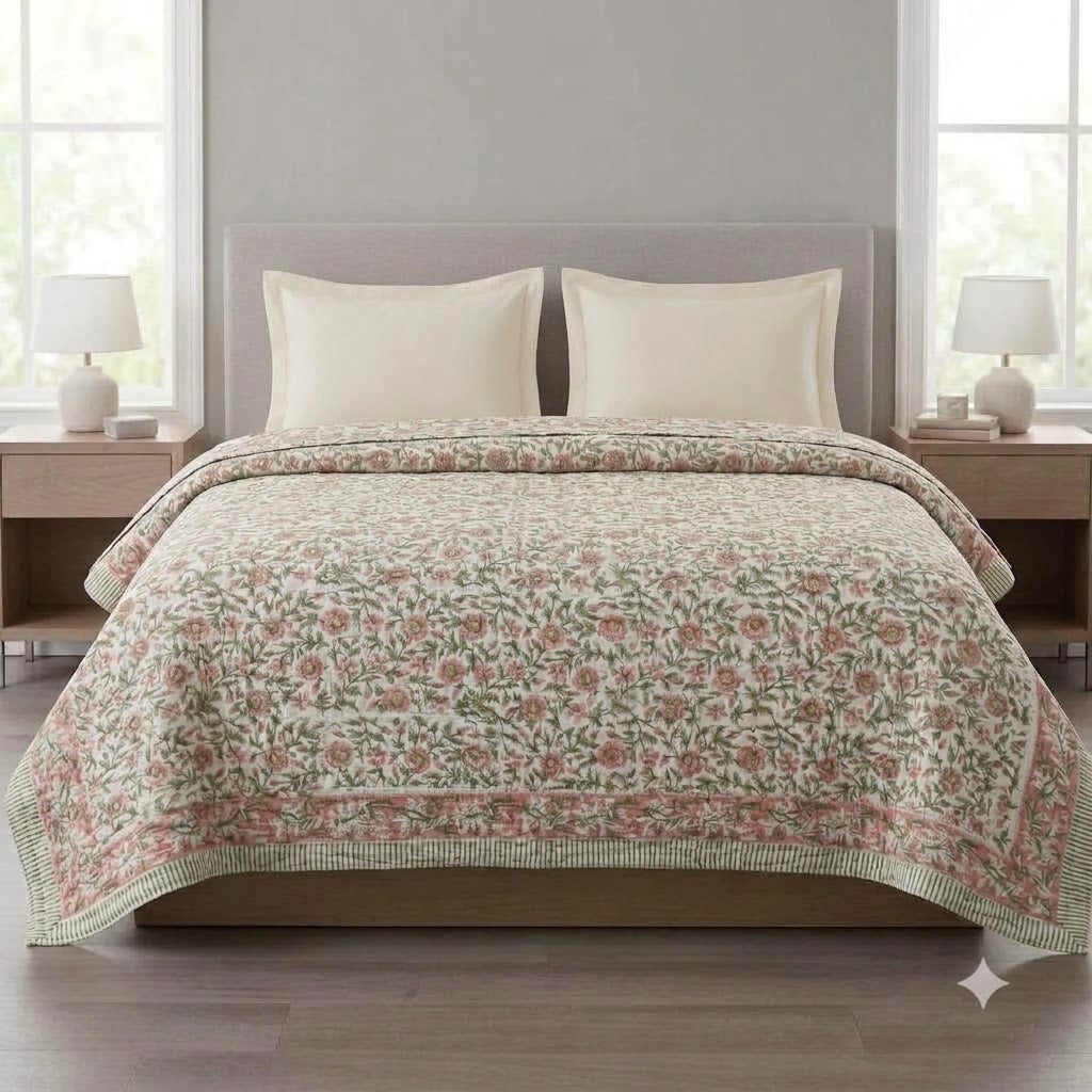 Everett Floral Hand Block Printed Quilt