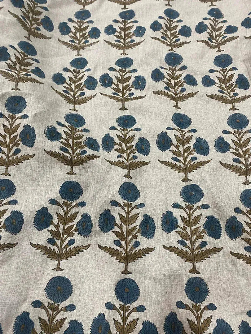 Nikita Teal Blue, Kashish, Beige Hand Block Printed Linen Fabric by the Yard - Decor, Pillows ,Upholstery, Curtain