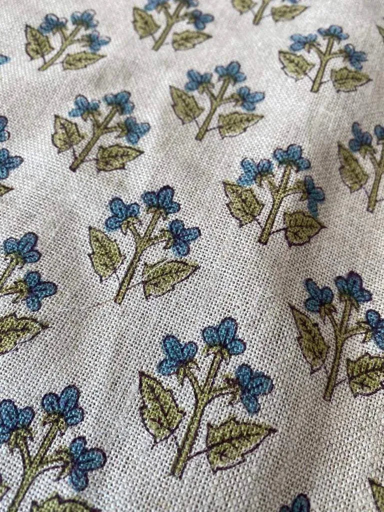 Small Flower Block Print Handloom Linen Fabric ,upholstery Fabric, pillow Cover Fabric, Thick fabric natural linen - Maple Village Lane