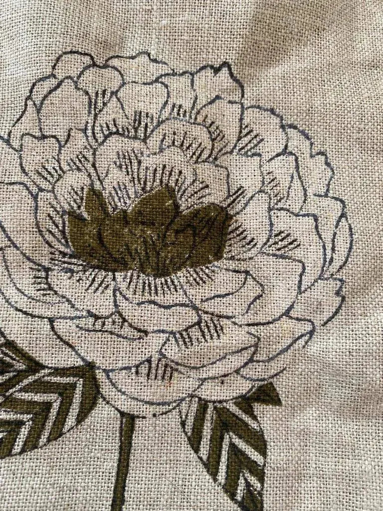 Handloom Linen Fabric -White Flower block print fabric - best for Upholstery , cushion cover , sofa/chair cover , and other crafts - Maple Village Lane