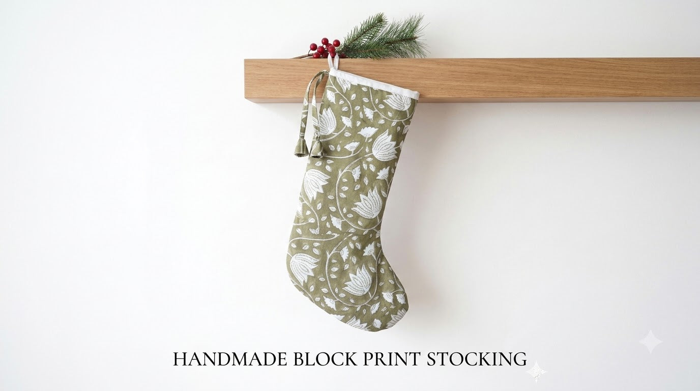 Olive Lotus Print Christmas Stocking
