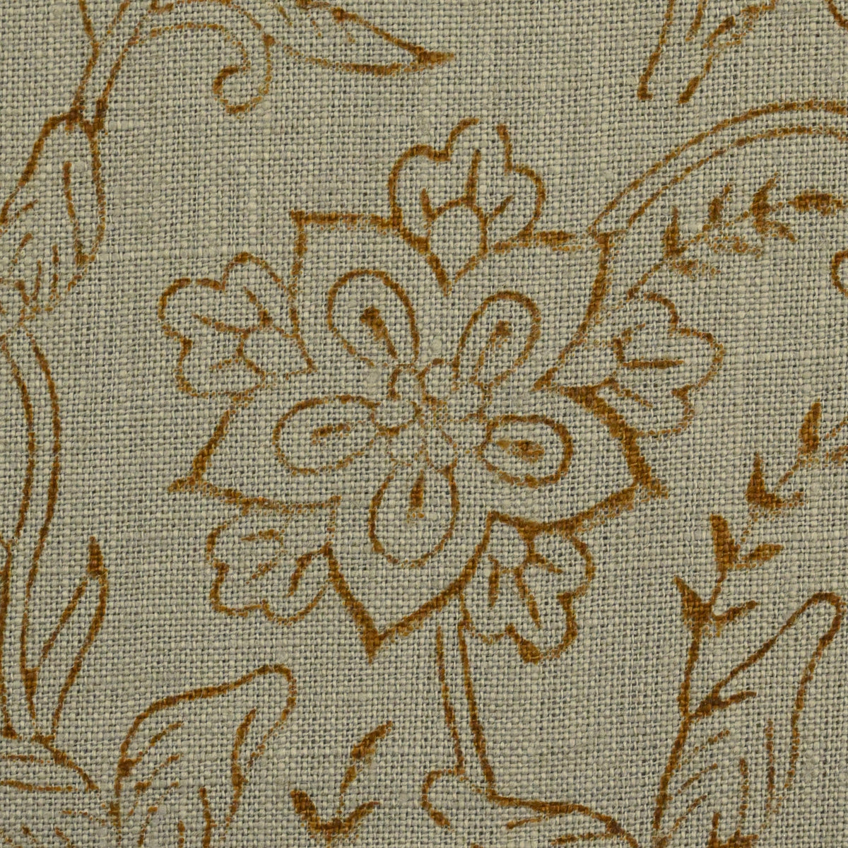 Front view of sage green ochre floral chintz jaal linen cushion cover