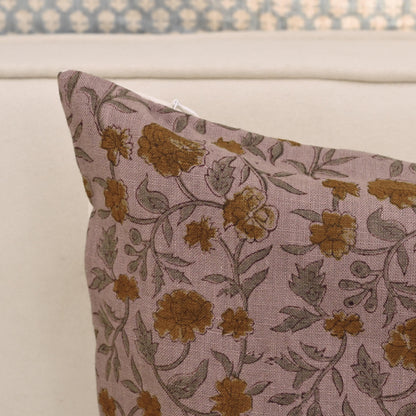 Rustic carnation trail linen pillow cover styled on a sofa