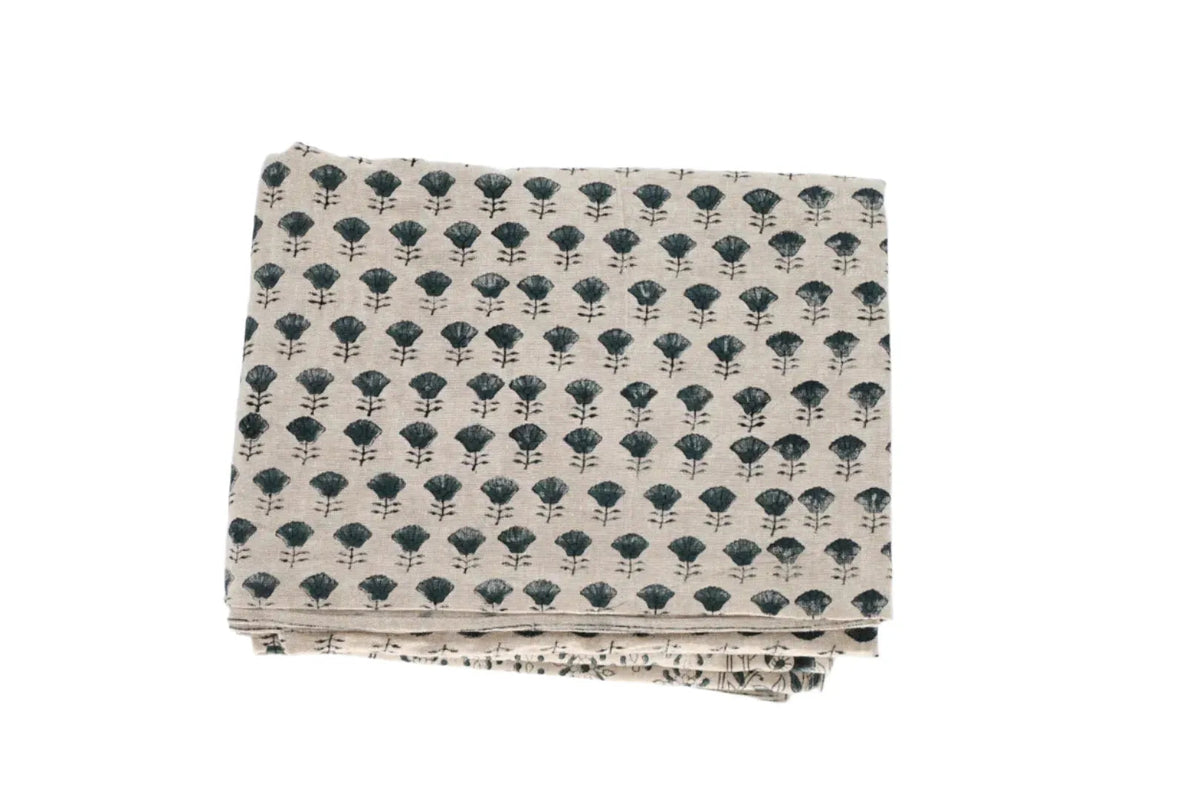 Blue Gray Floral Block Print Tablecloth