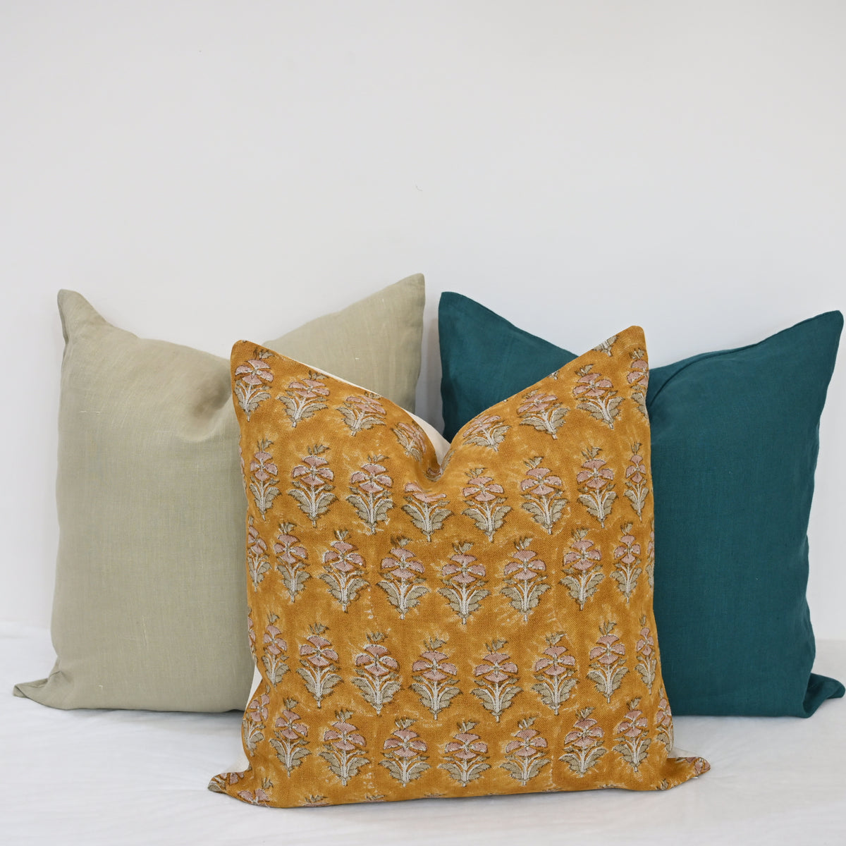 Ariana Mustard Linen Block Print Pillow Cover