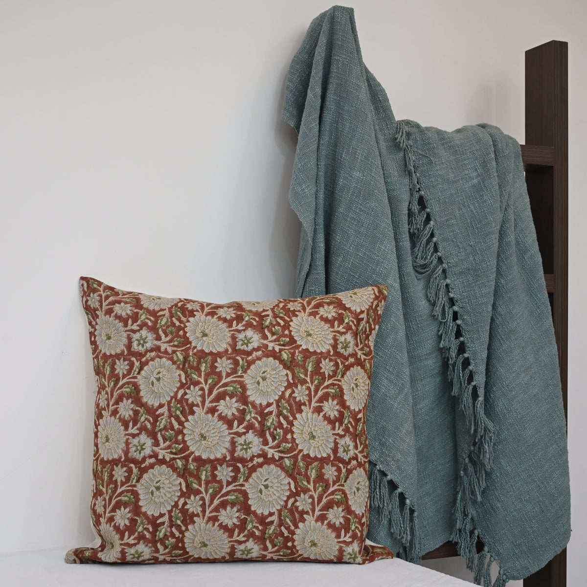 Alexis  Terracotta Linen Block Print Pillow Cover