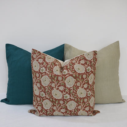 Alexis  Terracotta Linen Block Print Pillow Cover
