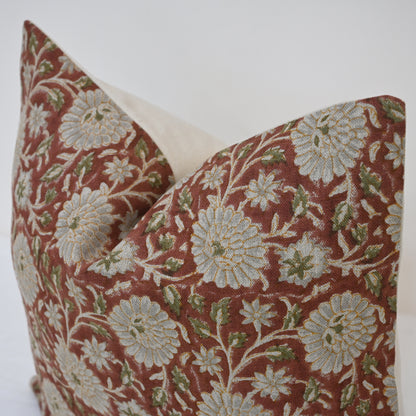 Alexis  Terracotta Linen Block Print Pillow Cover