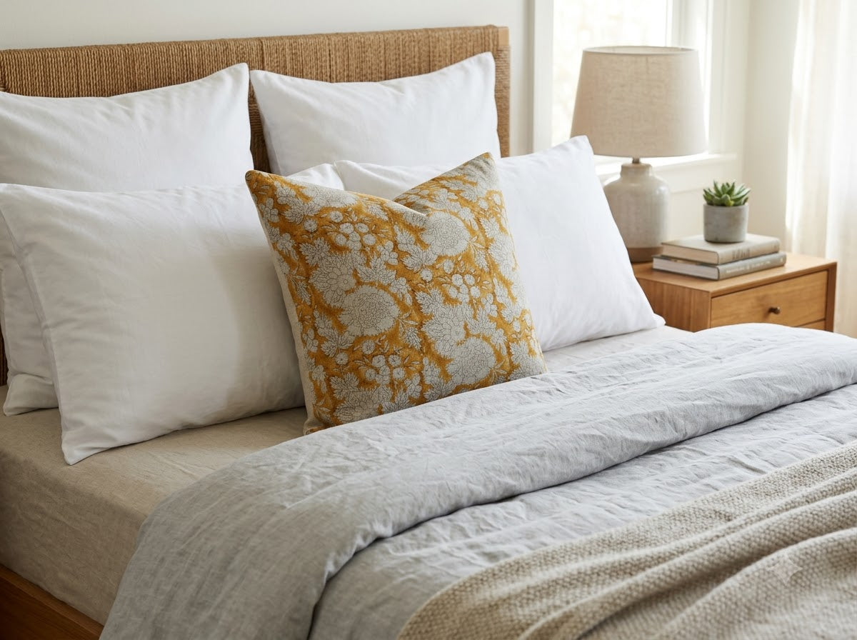 Jasmine Ochre Linen Block Print Pillow Cover