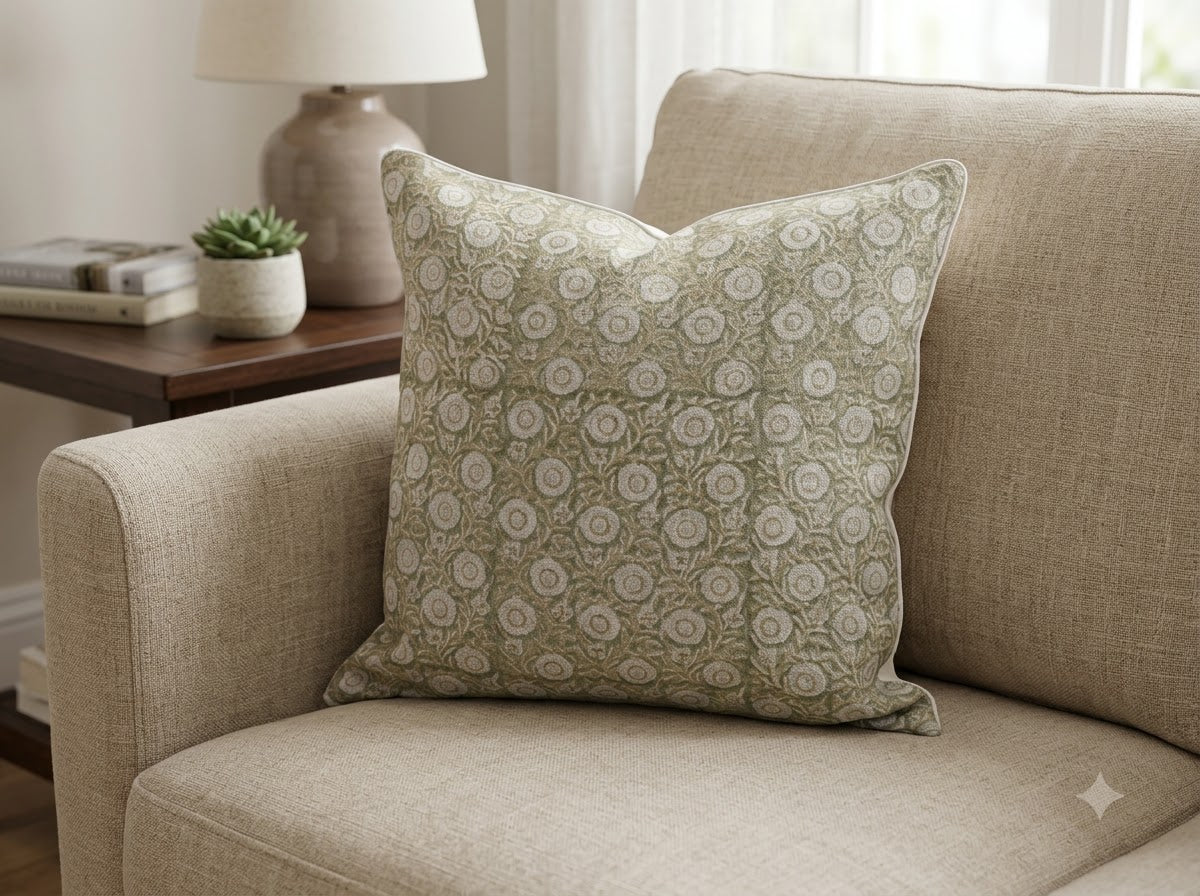Valerie Moss Green Linen Block Print Pillow Cover