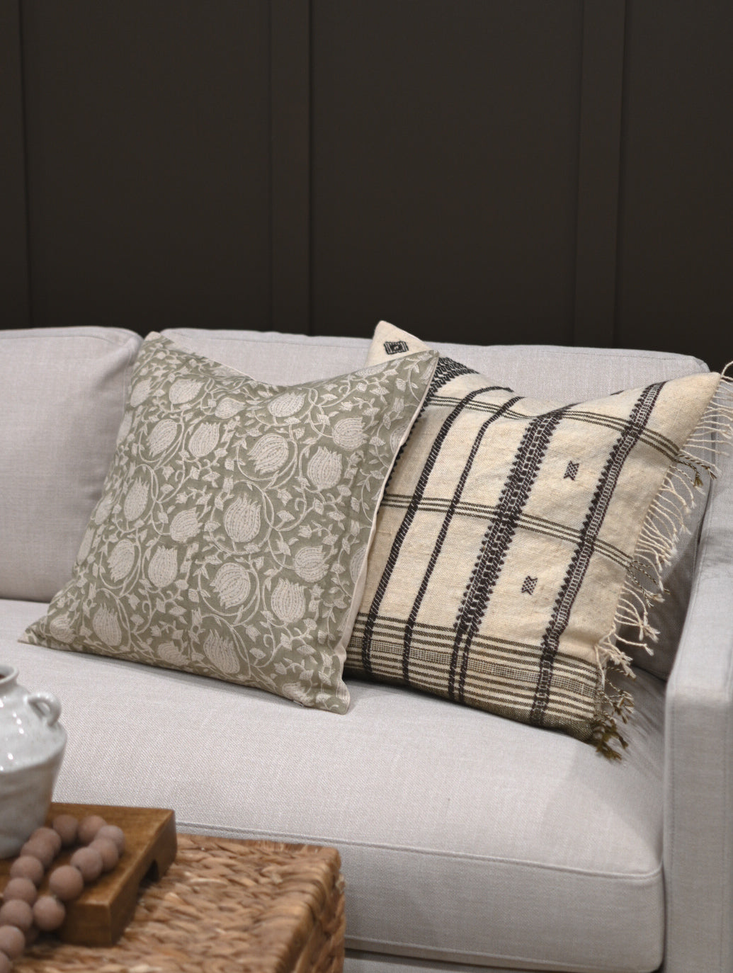 Aurora Light Olive Block Print Pillow Cover