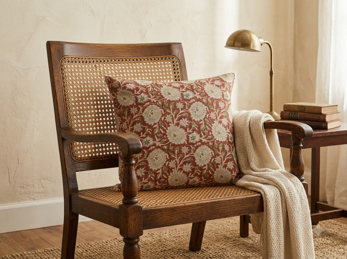 Alexis  Terracotta Linen Block Print Pillow Cover