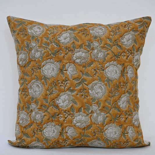 Madelyn Yellow Linen Block Print Pillow Cover