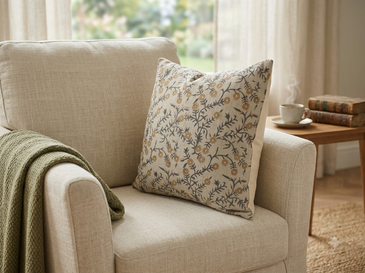 Bailey Slate Linen Block Print Pillow Cover