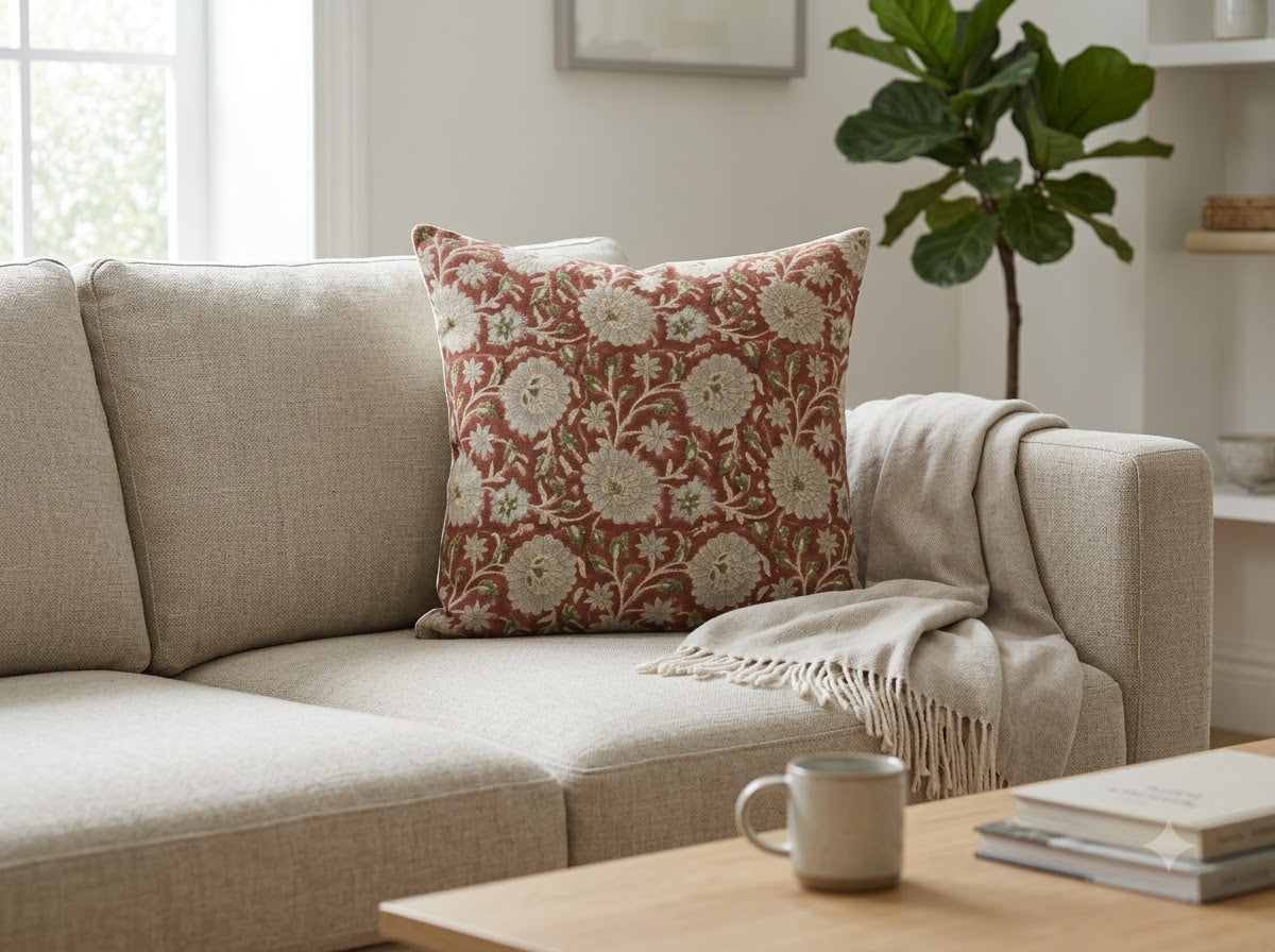 Alexis  Terracotta Linen Block Print Pillow Cover