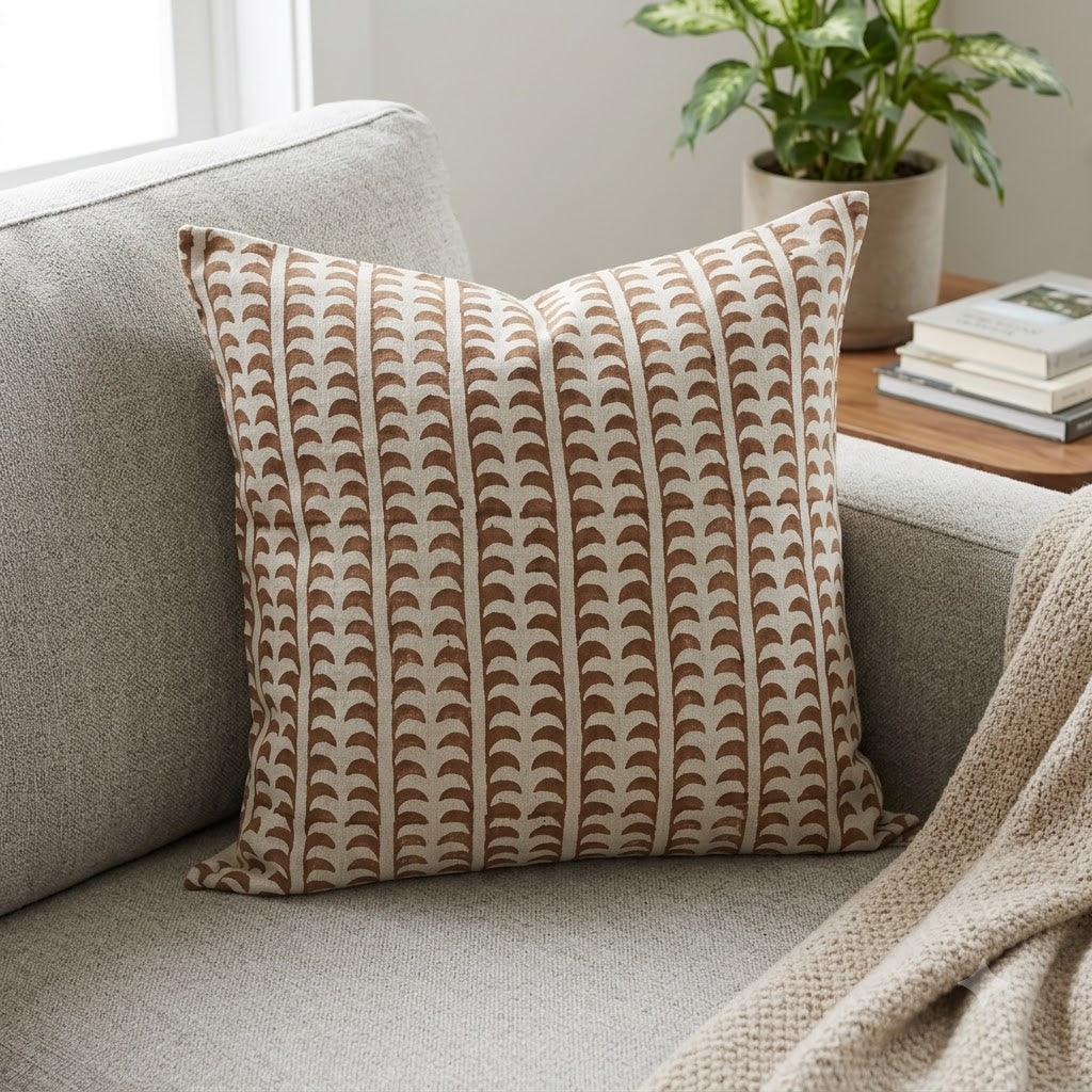 Kylie Chestnut Linen Block Print Pillow Cover