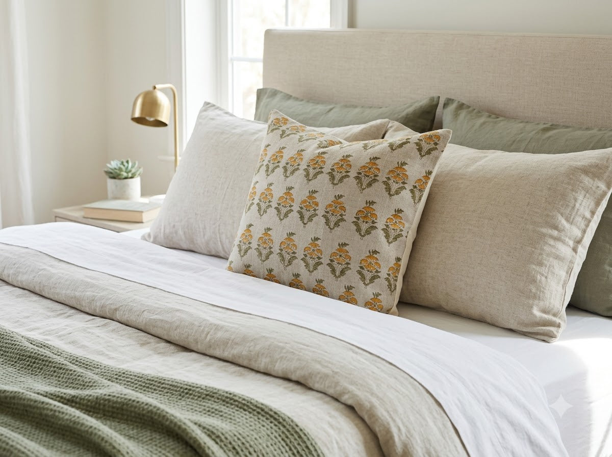 Ariana  Olive Linen Block Print Pillow Cover