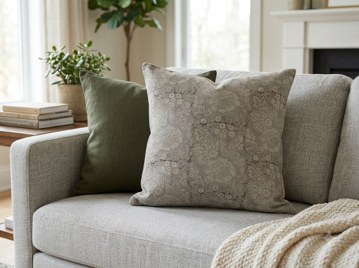 Jasmine Taupe Linen Block Print Pillow Cover