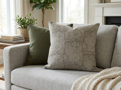 Jasmine Taupe Linen Block Print Pillow Cover