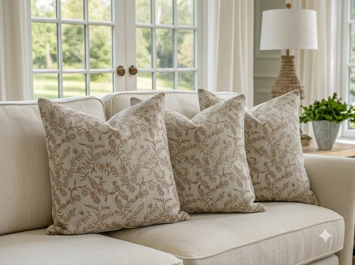 Bailey Taupe  Linen Block Print Pillow Cover