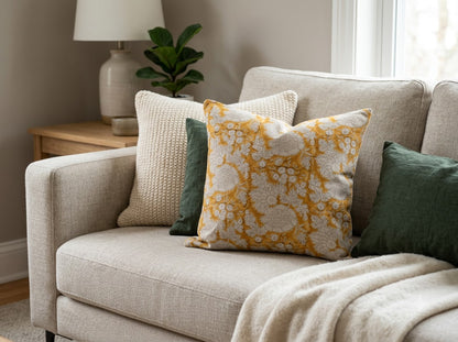 Jasmine Ochre Linen Block Print Pillow Cover