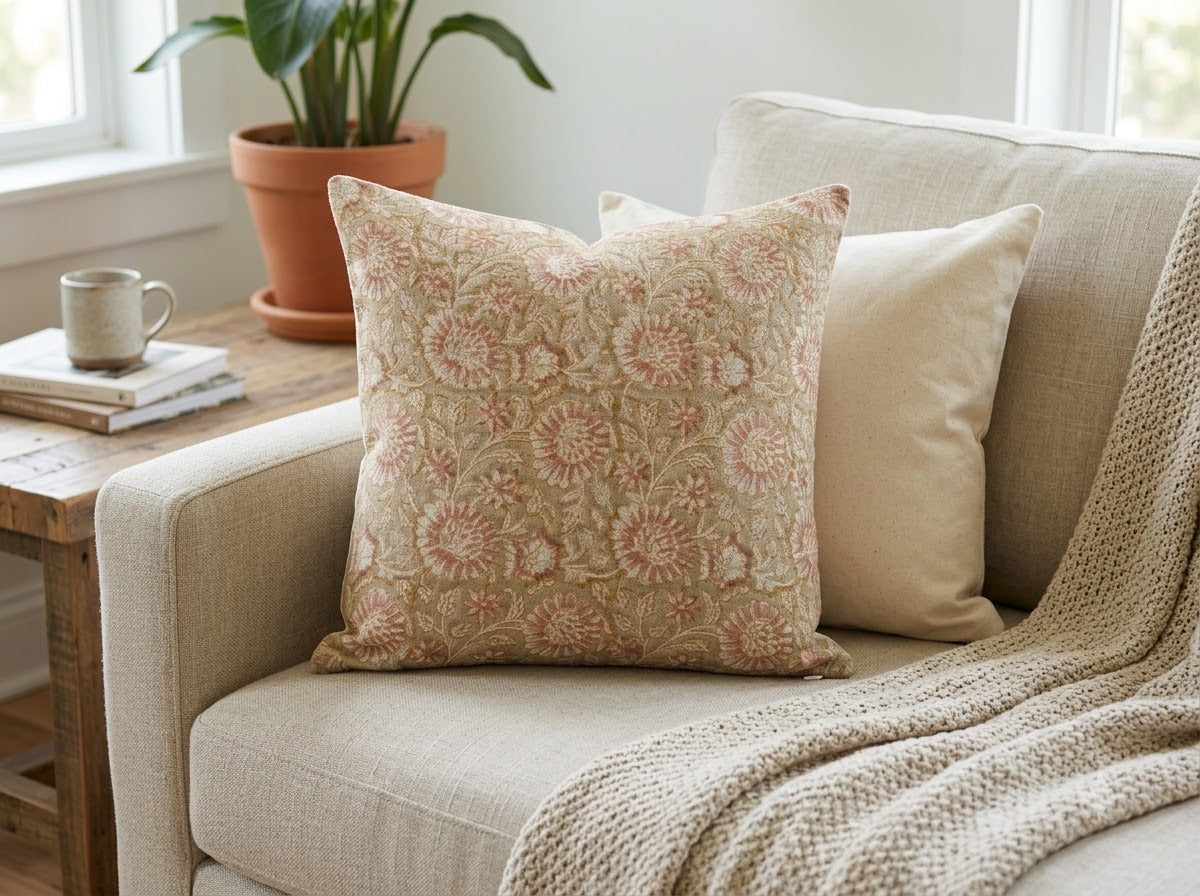 Alexis  Blush Linen Block Print Pillow Cover