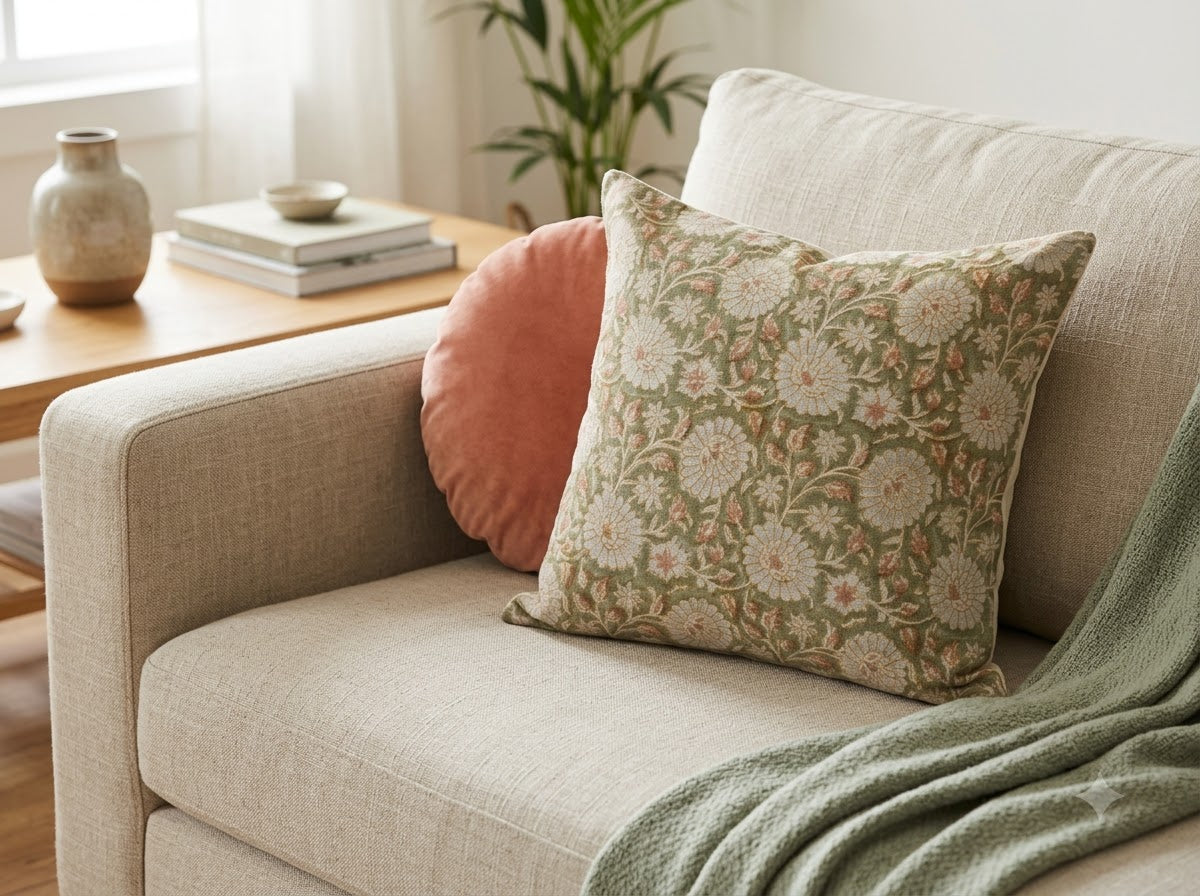 Alexis Cream Linen Block Print Pillow Cover