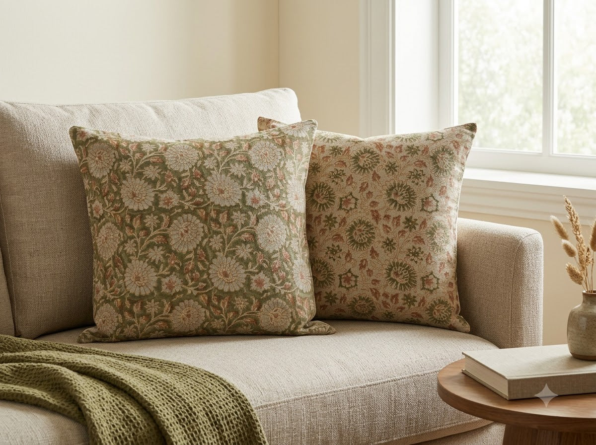 Alexis   Sage Linen Block Print Pillow Cover