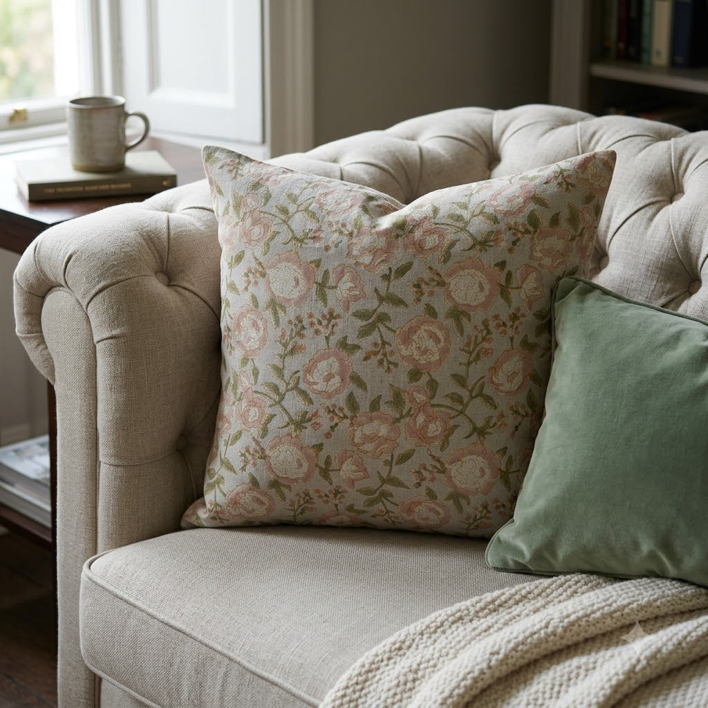 Madelyn Blush Linen Block Print Pillow Cover