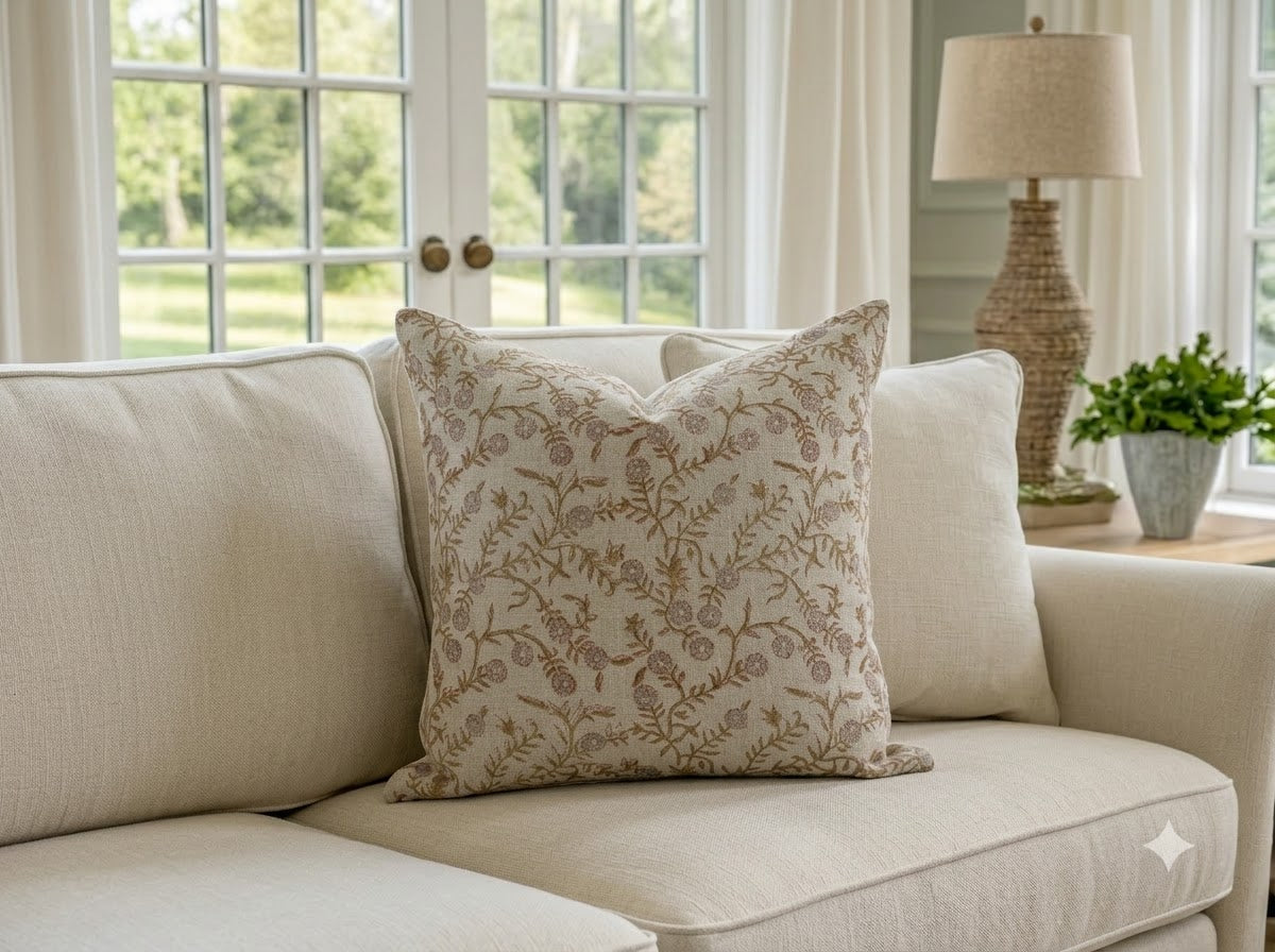 Bailey Taupe  Linen Block Print Pillow Cover