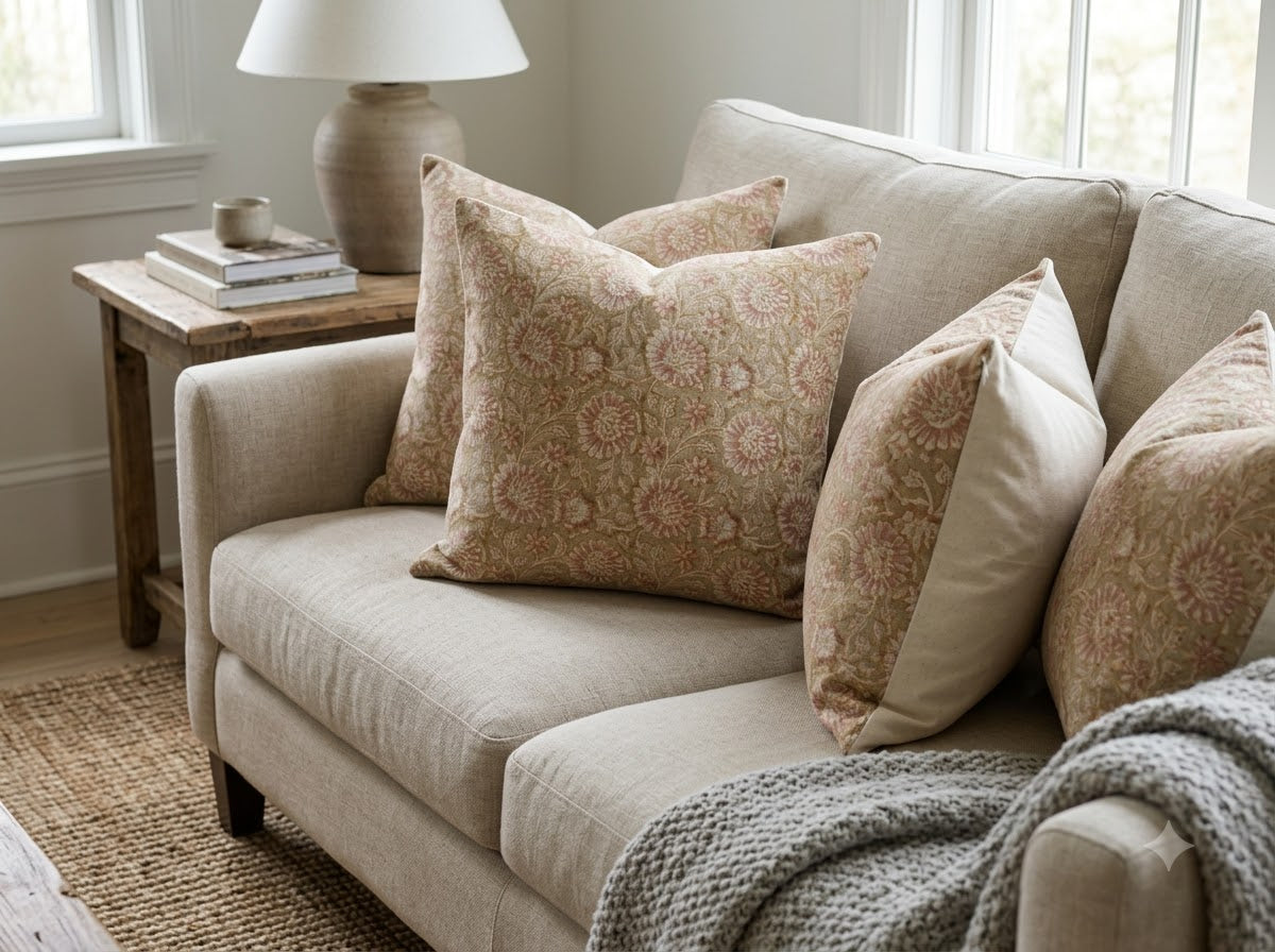 Alexis  Blush Linen Block Print Pillow Cover