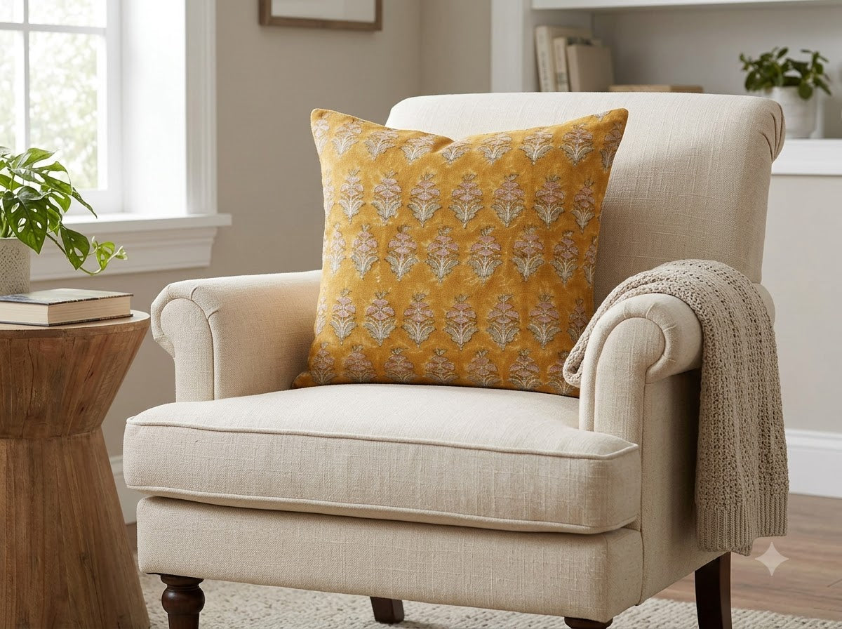 Ariana Mustard Linen Block Print Pillow Cover