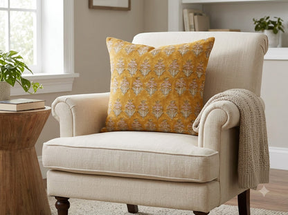 Ariana Mustard Linen Block Print Pillow Cover