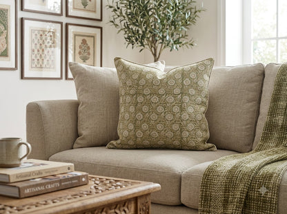 Valerie Moss Green Linen Block Print Pillow Cover