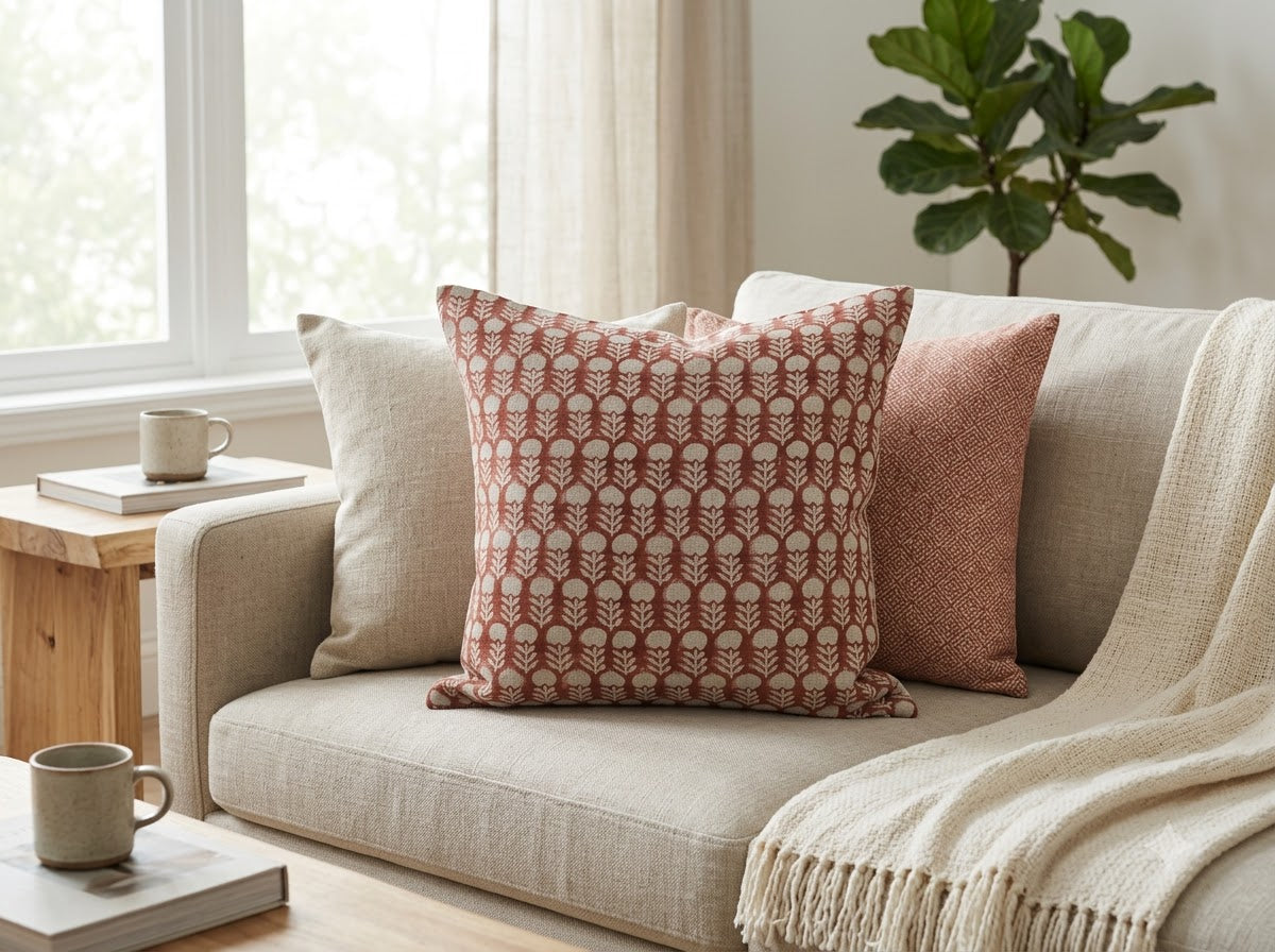Thalor Rust Linen Block Print Pillow Cover