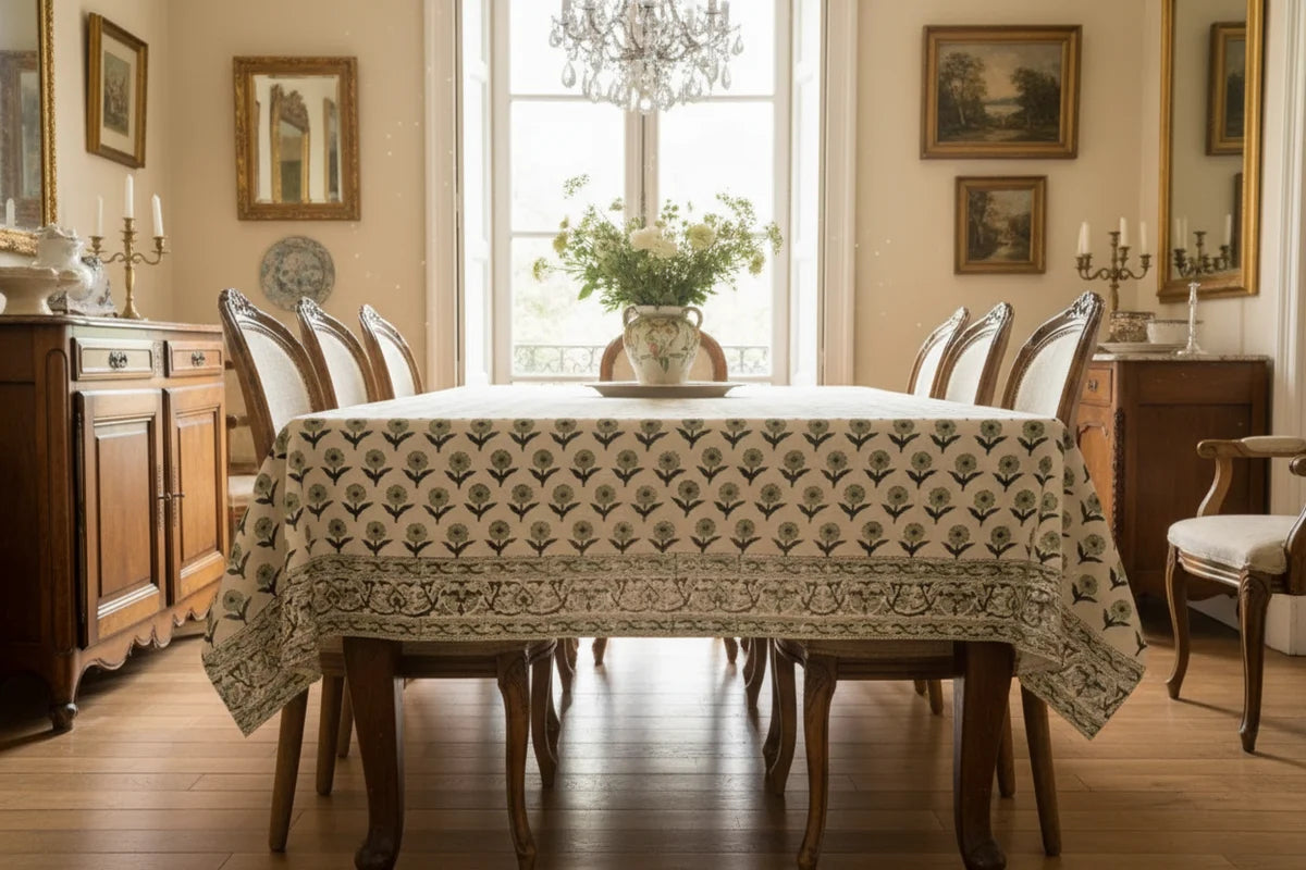 Angie Floral Sage Green Cotton Tablecloth - Three Border