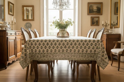 Angie Floral Sage Green Cotton Tablecloth - Three Border