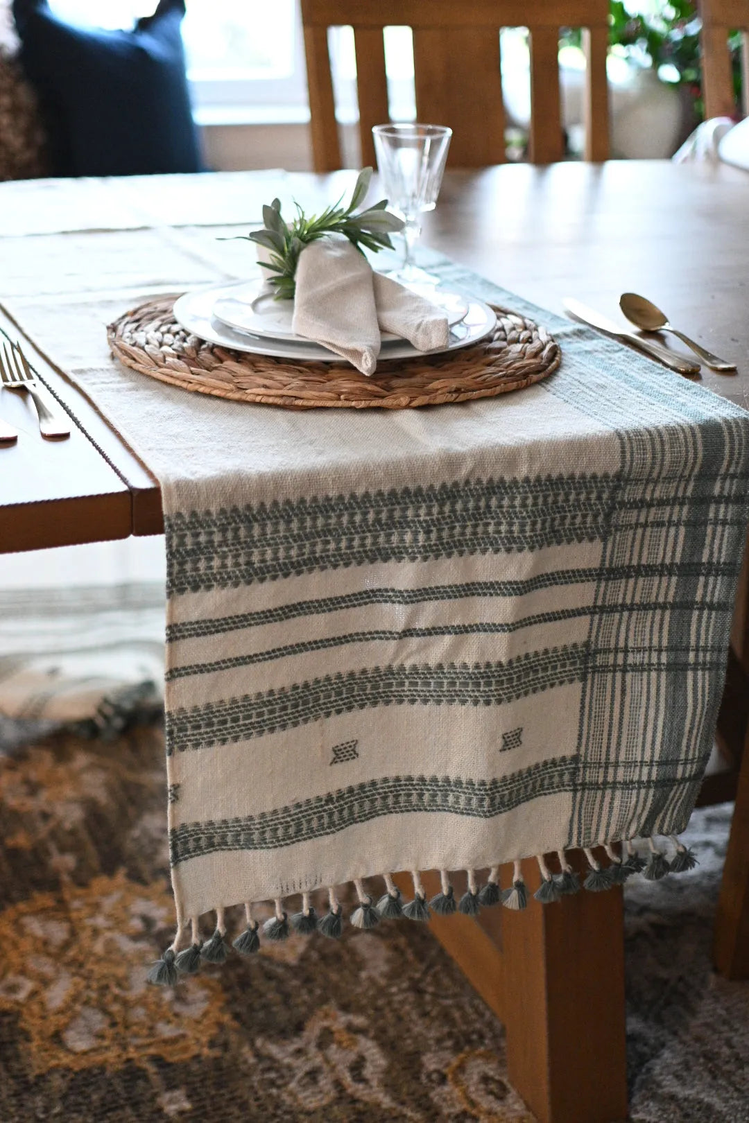 Bhujodi Table Runner - Blue and Cream - Maple Village Lane