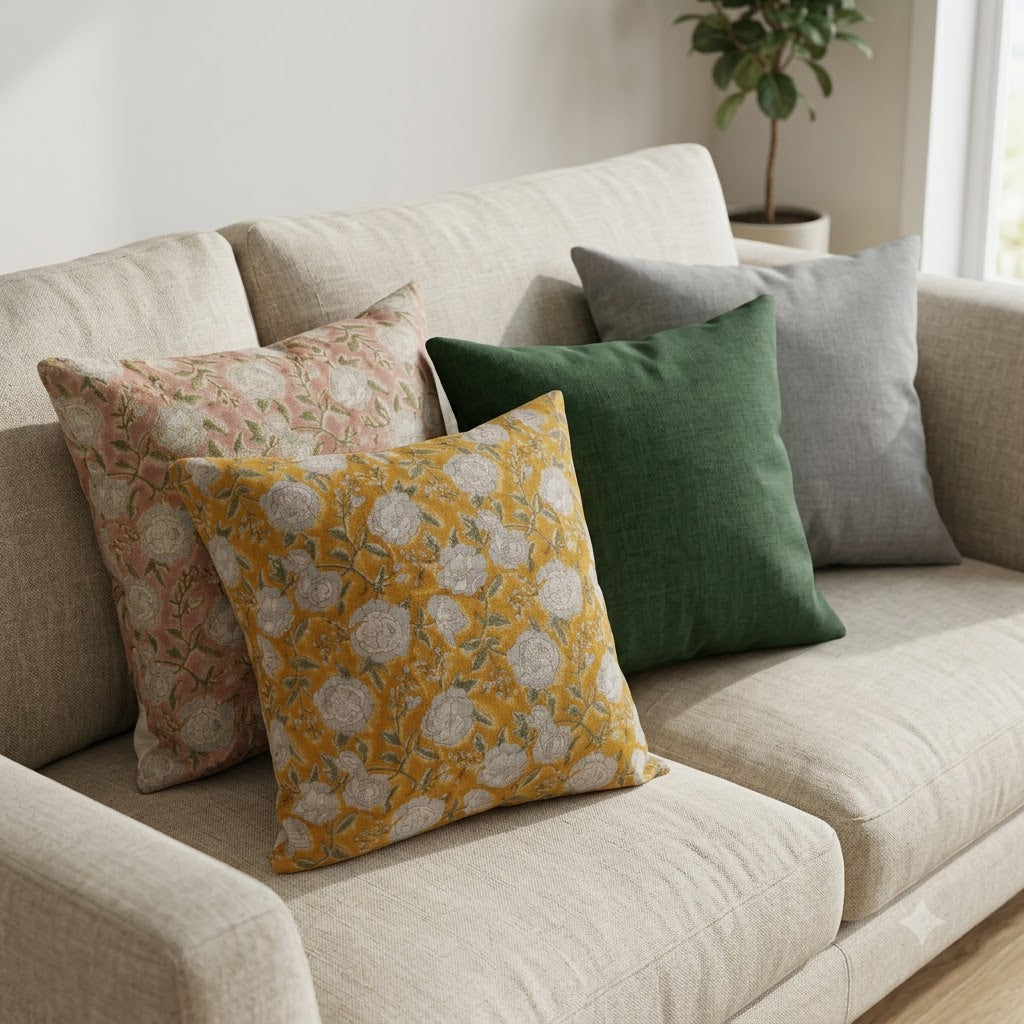 Madelyn Yellow Linen Block Print Pillow Cover