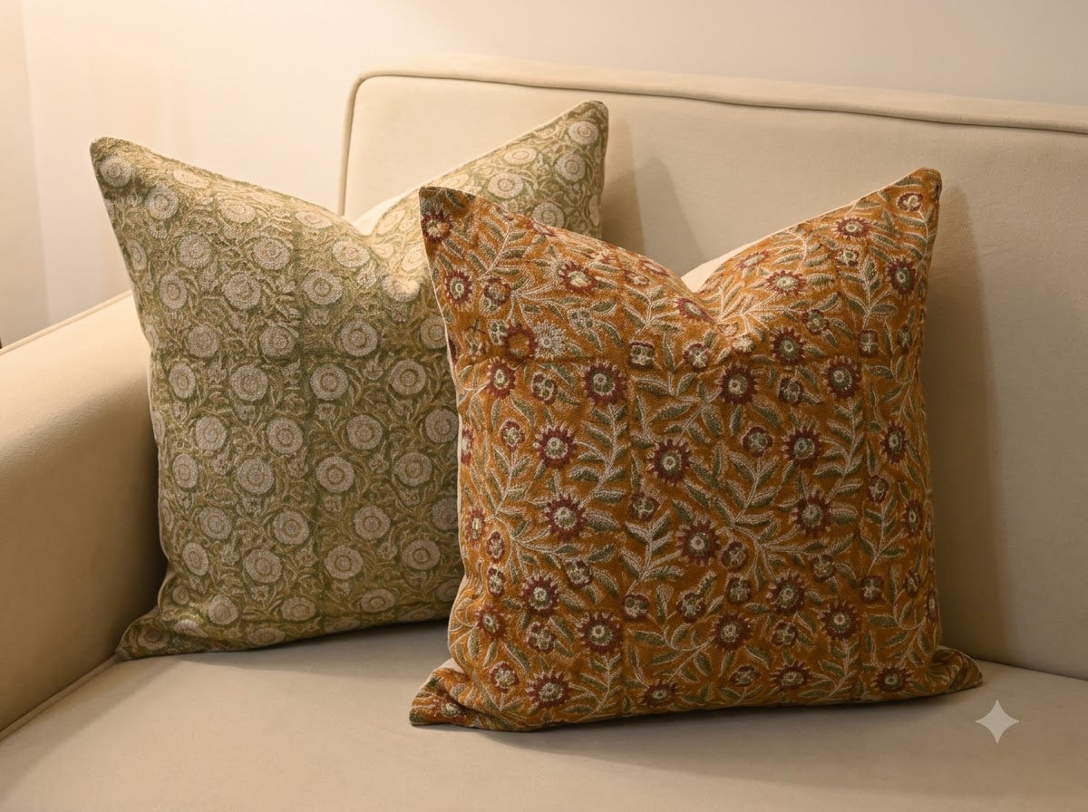 Vanessa  Rust  Linen Block Print Pillow Cover