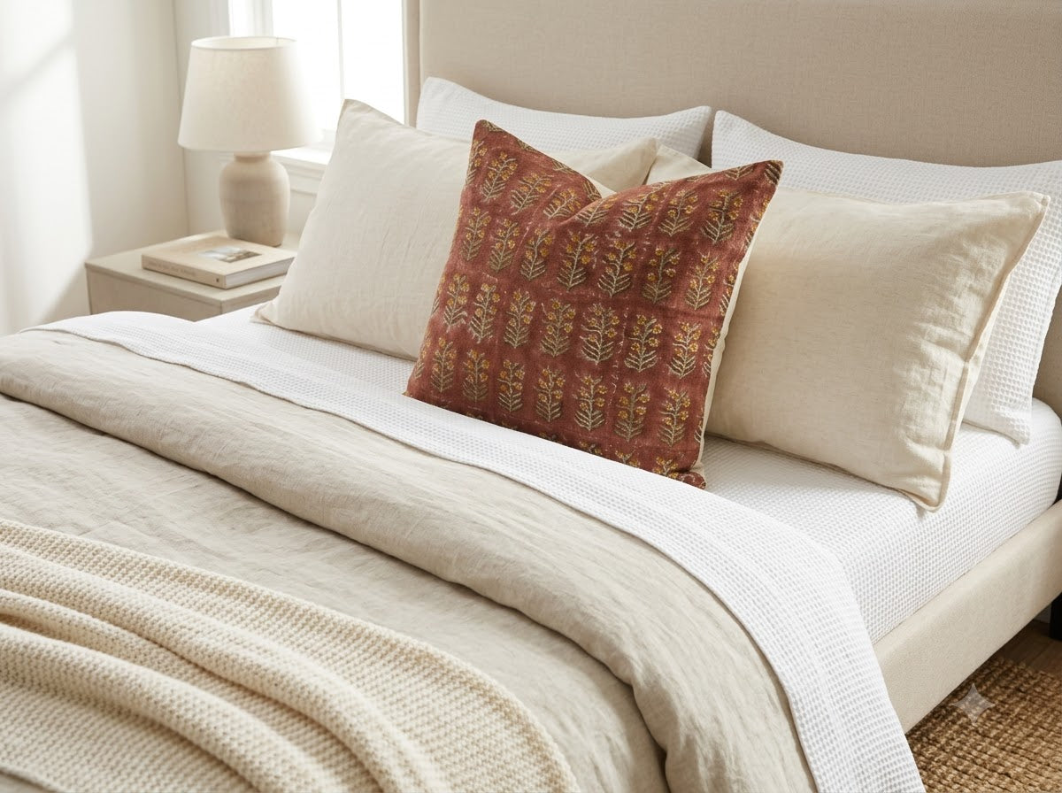 Diana Mustard Linen Block Print Pillow Cover