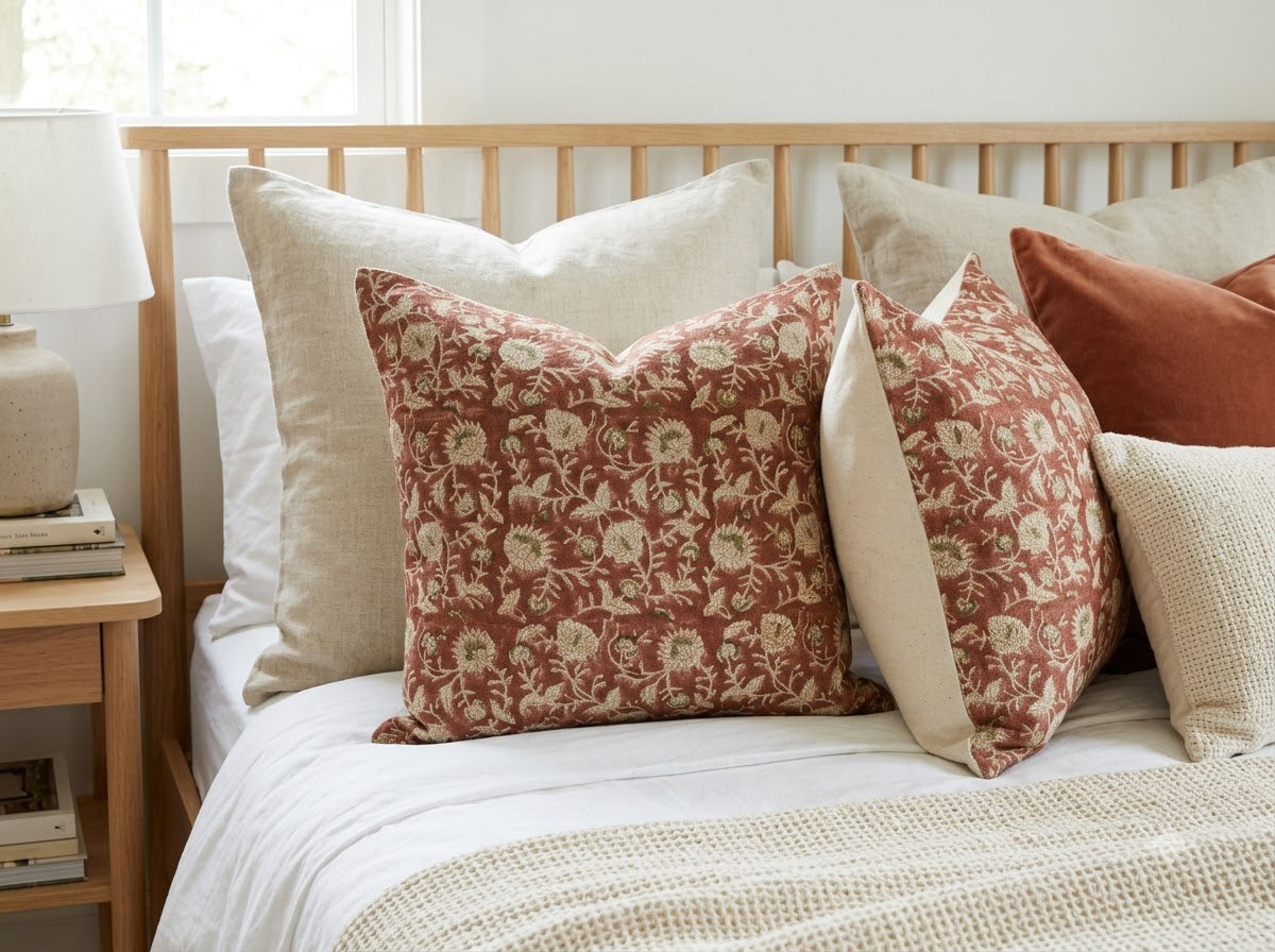 Eliza Rust Linen Block Print Pillow Cover