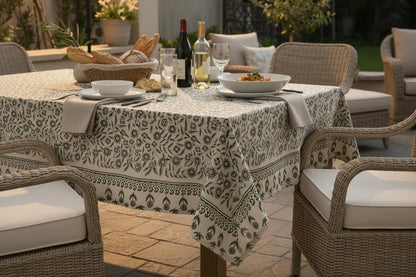 Eleanor  Floral Dark Green Cotton Tablecloth - Two Border